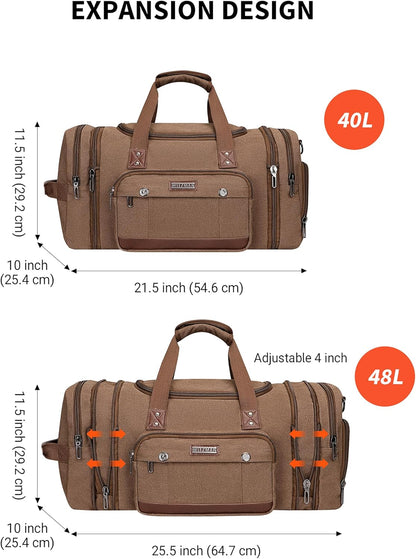 WITZMAN Mens Duffle Bags for Traveling Canvas Weekender Travel Bag Expandable Overnight Bag Carry on Bag(A8007 Brown)