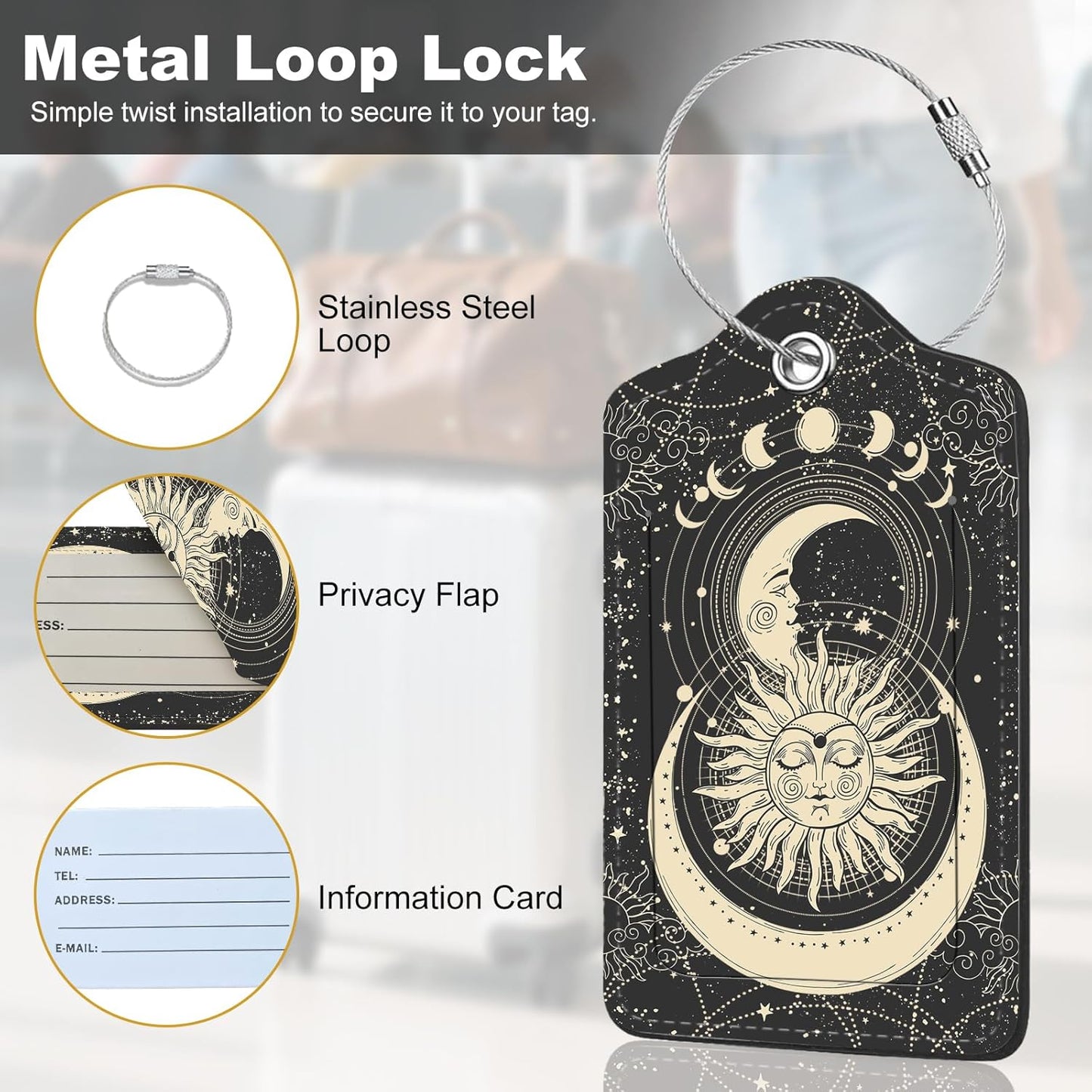 2Pack Luggage Tags for Suitcases, Cute Unique Pu Leather Cruise Luggage Tag with Privacy Cover ID Label Address Card and Metal Ring Suitable for Women Men Kids Travel Bag Sun and Moon Face