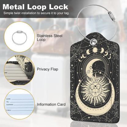 2Pack Luggage Tags for Suitcases, Cute Unique Pu Leather Cruise Luggage Tag with Privacy Cover ID Label Address Card and Metal Ring Suitable for Women Men Kids Travel Bag Sun and Moon Face