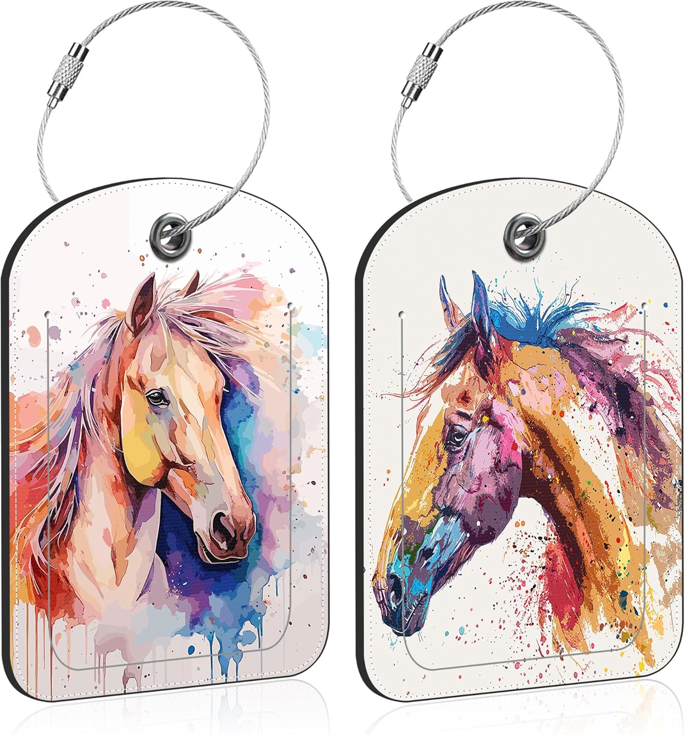 2 PCS Leather Luggage Tags for Suitcase Watercolor Horse Travel Luggage Tag with Privacy Flap Name ID Label and Metal Loop for Travel Bag Suitcase