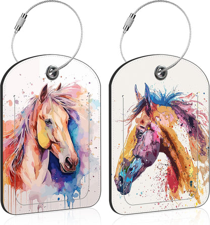 2 PCS Leather Luggage Tags for Suitcase Watercolor Horse Travel Luggage Tag with Privacy Flap Name ID Label and Metal Loop for Travel Bag Suitcase