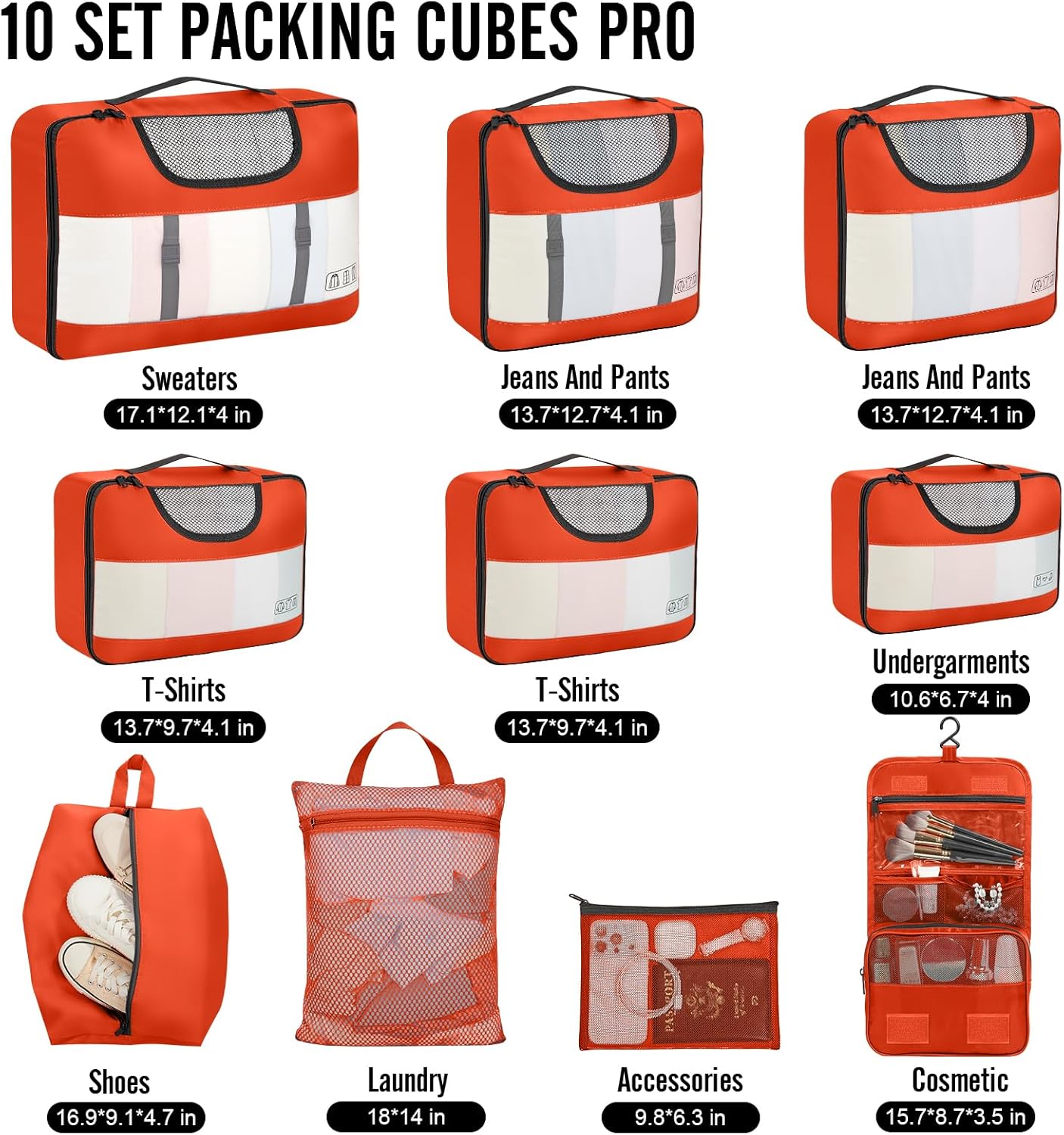 Veken 10 Set Packing Cubes for Travel Essential, Suitcase Organizer Bags in 4 Sizes, Carry-On Luggage Accessories with Large Laundry & Hanging Toiletry Bag, Must-Have for Airplane, Road Trip & Camping