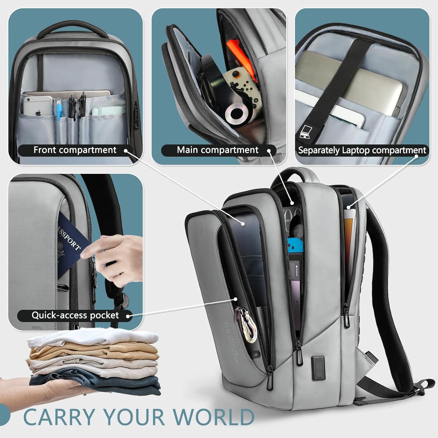 hk Laptop Backpack for Men with USB Charging Port Water-Resistant for 15.6 Inch Computer Bag Durable High-Tech Daypack Casual Backpack for Business Work College Weekender Travel- Grey