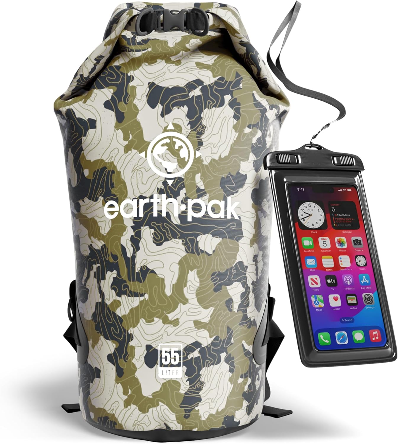 Earth Pak Waterproof Dry Bag - Roll Top Waterproof Backpack Sack Keeps Gear Dry for Kayak with Waterproof Phone Case