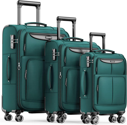 SHOWKOO Luggage Sets 3 Piece Softside Expandable Lightweight Durable Suitcase Sets Double Spinner Wheels TSA Lock Dark Green (20in/24in/28in)