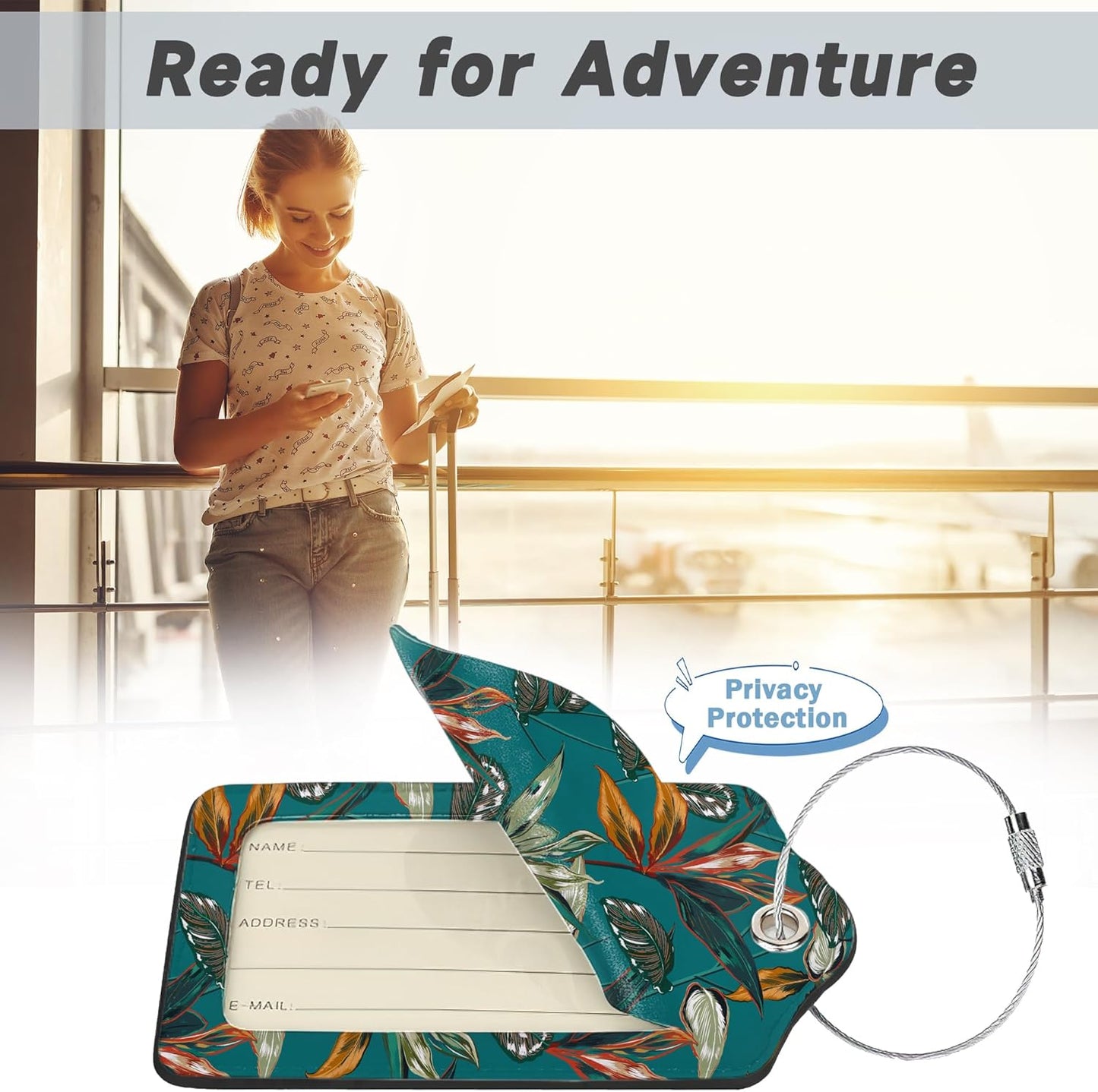 2 Pack Luggage Tags for Suitcases Retro Tropical Plants Luggage Tag, Leather Stainless Steel Loop Label Tag for Men Women Travel Bag Suitcase