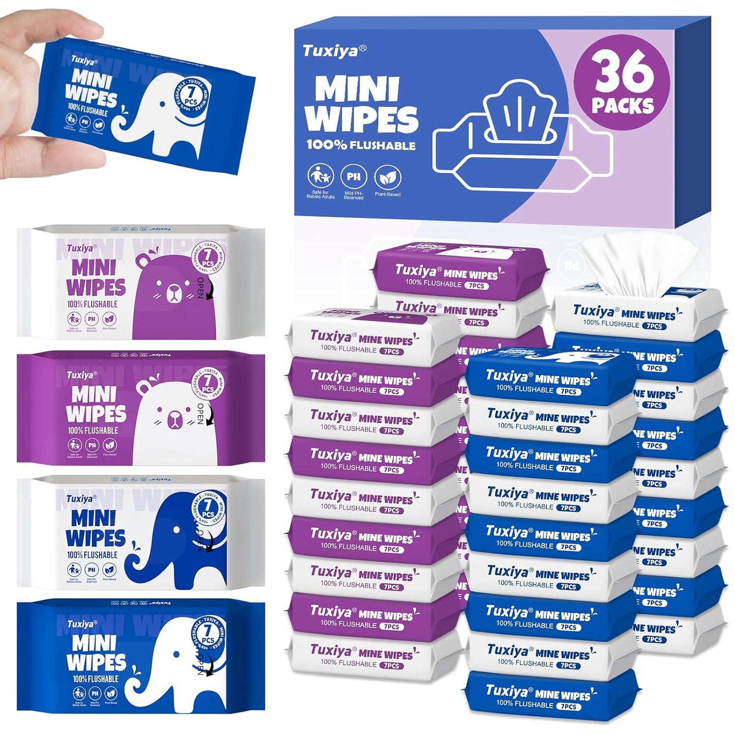 36 PackTravel Flushable Wipes with Aloe & Vitamin E,Impossibly Compact 7 Wipe Per Pack Mini Travel Adult Wet Wipe,Hypoallergenic & Fragrance-Free Skin-Friendly Flushable Wet Wipe(252 Total Wipes)
