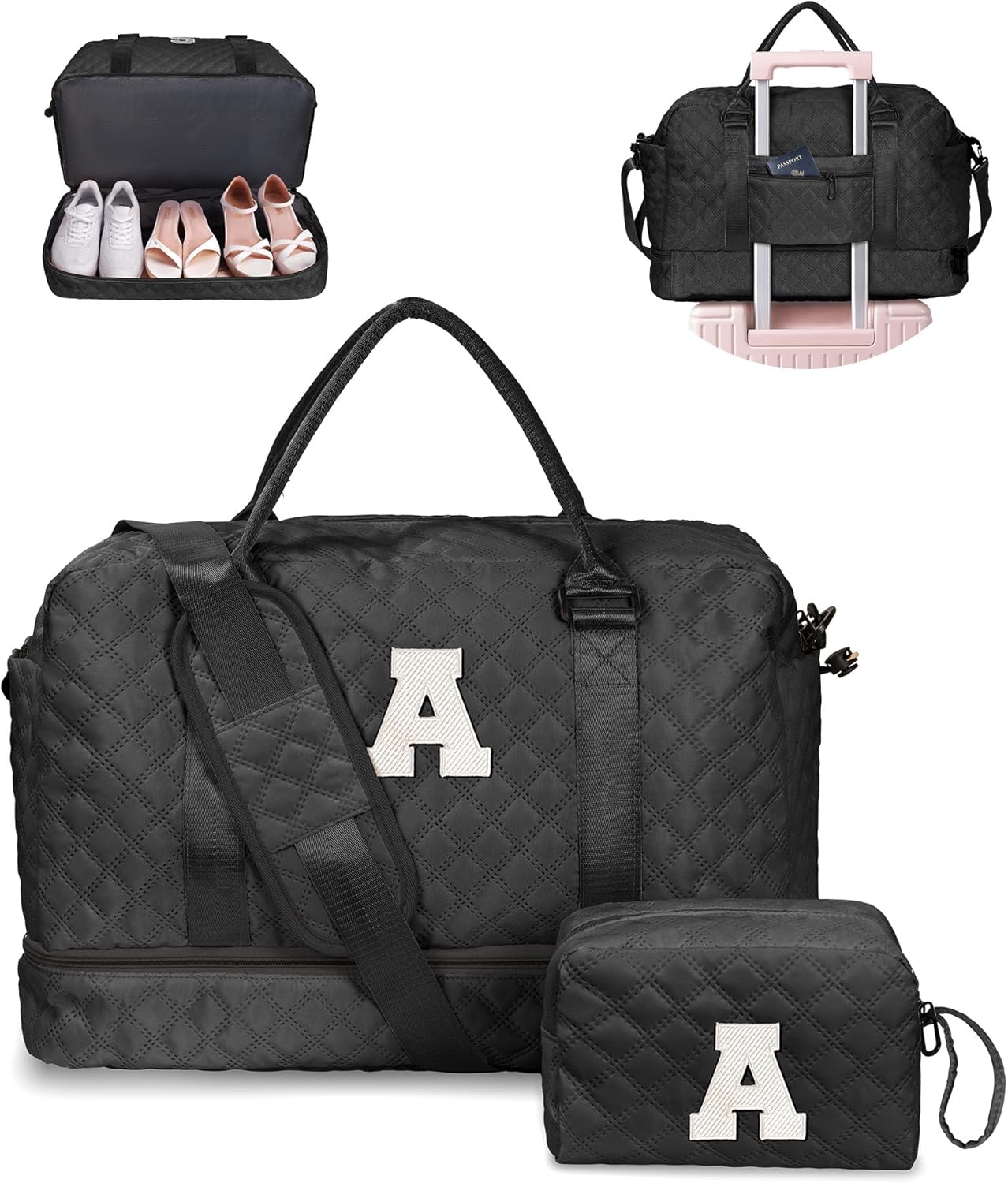Trendy Gifts for Women-Initial Duffle Bag with Shoe Compartment, Personalized Weekender Bags, Monogram Overnight Bag for Women, Letter Travel Bags with Makeup Pouch (Letter A)