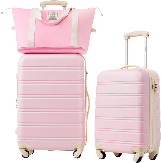 Merax Luggage sets of 2 Piece 20 24 IN Carry on Luggage Hard Case White Pink Luggage Expandable Checked Luggage Suitcase Set with Wheels