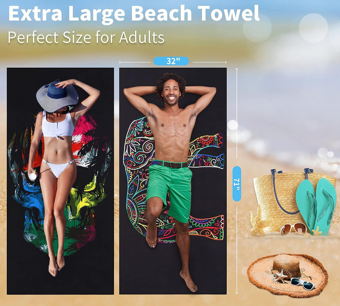 6 Pack Lightweight Thin Beach Towel Oversized 71"x32" Big Extra Large Microfiber Sand Free Towels for Adult Quick Dry Travel Camping Beach Accessories Gift Sea Turtle Tie Dye Mandala Elephant Skull