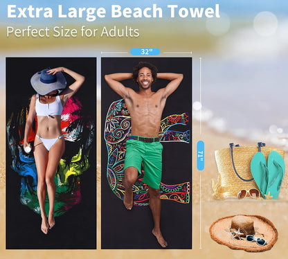 6 Pack Lightweight Thin Beach Towel Oversized 71"x32" Big Extra Large Microfiber Sand Free Towels for Adult Quick Dry Travel Camping Beach Accessories Gift Sea Turtle Tie Dye Mandala Elephant Skull