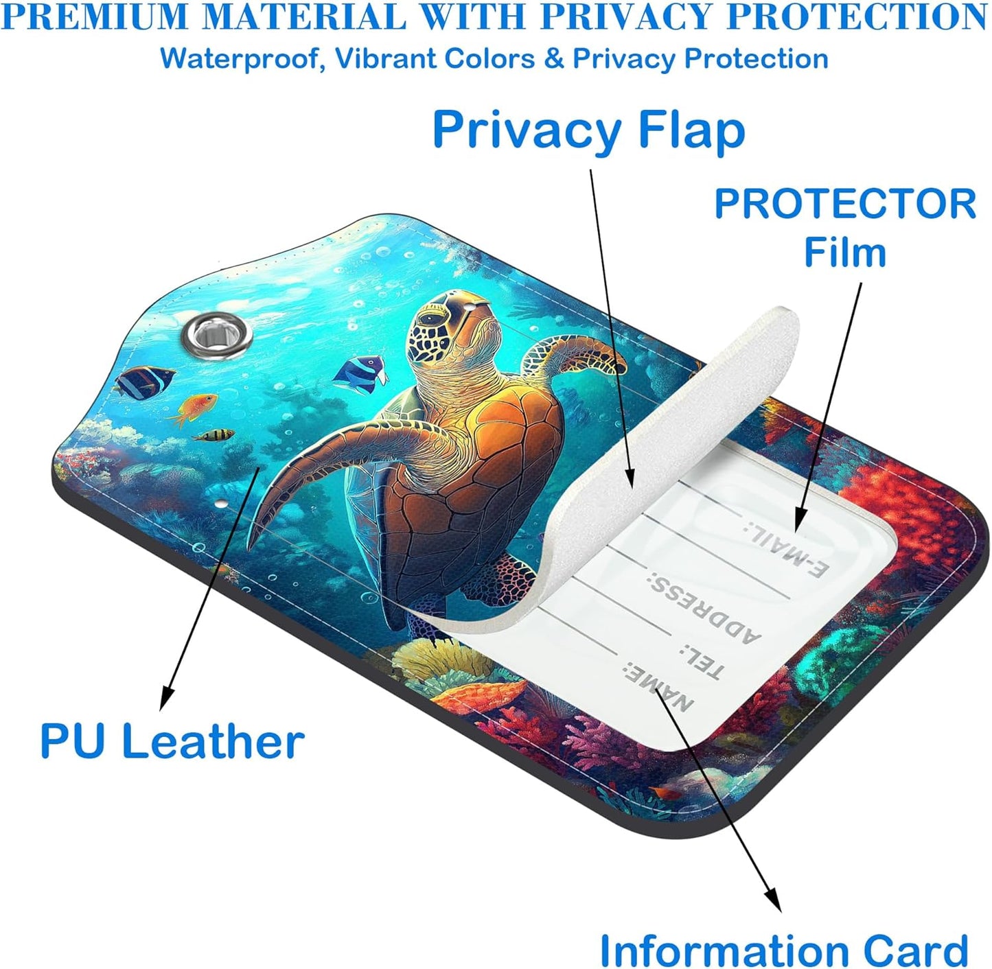 Sea Turtle Luggage Tags for Suitcases Leather Travel Tags for Luggage ID Label with Privacy Cover and Stainless Steel Loop for Men Women Suitcase Backpack, Set of 2