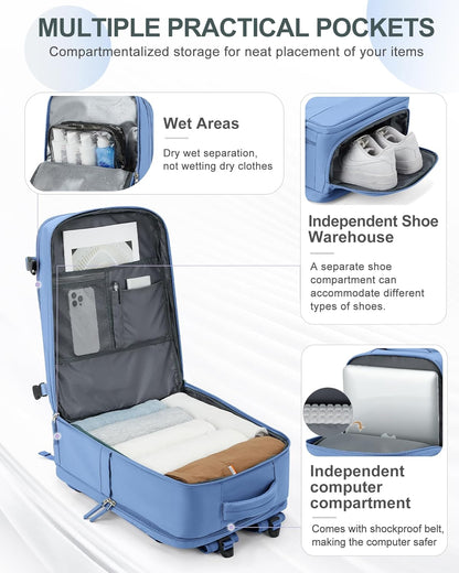 coowoz Large Travel Backpack Carry On for Women Man Waterproof Gym Backpacks with Laptop Compartment Mochila de Viaje Teacher Personal Item Backpack Rucksack Airplane Accessories Must Haves Sky Blue