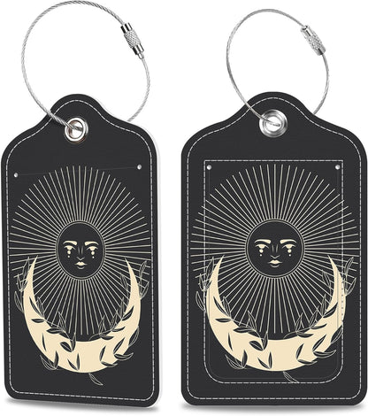 2 Pack Luggage Tags for Suitcase Moonlight in Vintage Engraving Leather Stainless Steel Loop Label Tags for Women Men Travel Bag Suitcase with Privacy Cover Name ID Card