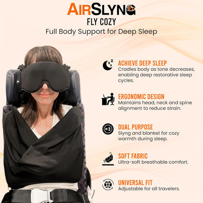 3-in-1 Airplane Sleep Support System - Integrated Plane Sleeping Accessories with Memory Foam Long Haul Flight Pillow, Adjustable Travel Eye Mask, and Blanket-Like Body Sling - Fits in Carry On