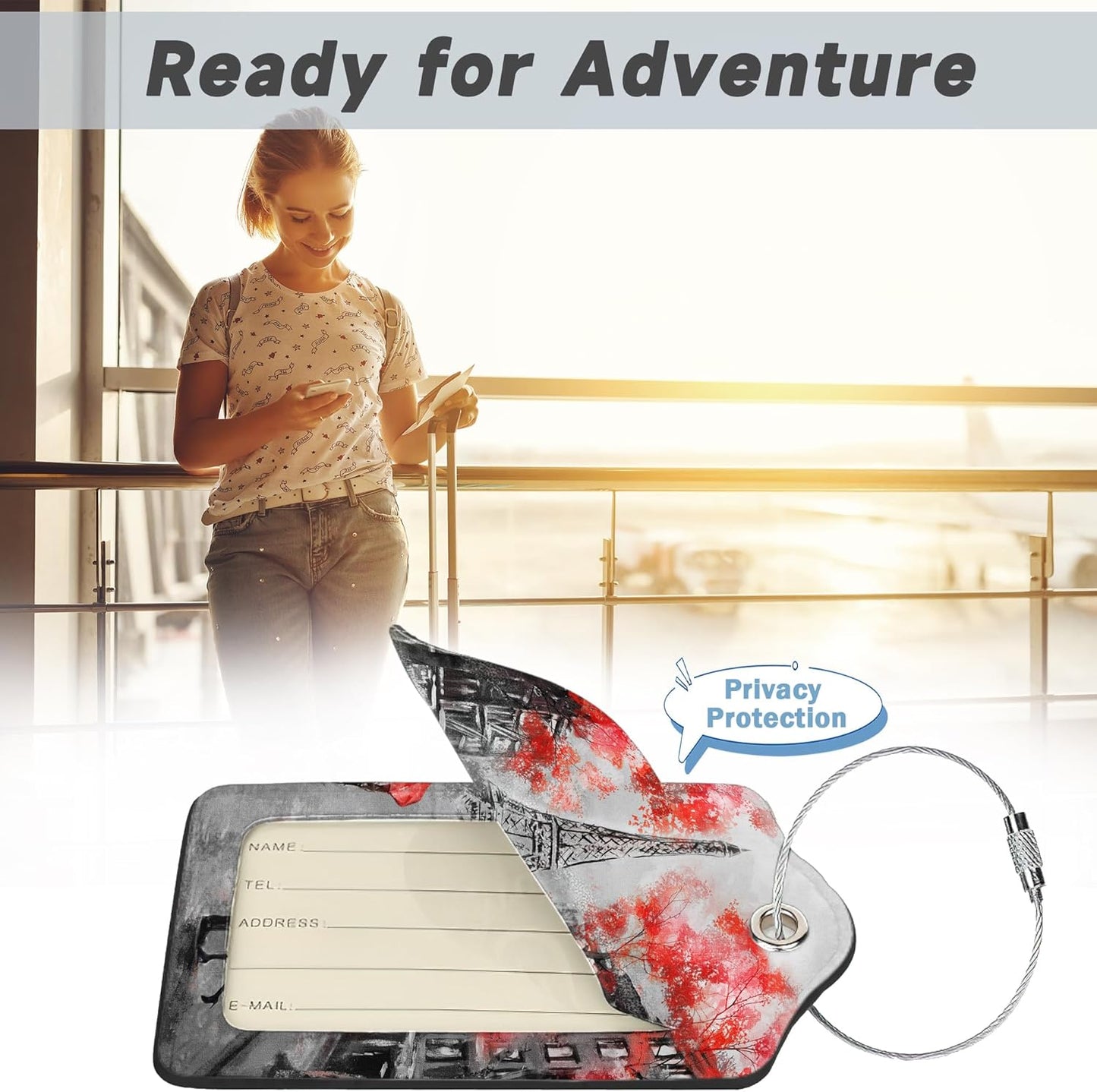 Set of 2 Luggage Tags for Suitcases, Leather Romantic Eiffel Tower Baggage Tags with Stainless Steel Loop, Privacy Name ID Card Cover Kawaii Travel Labels for Women Men Kids Girls