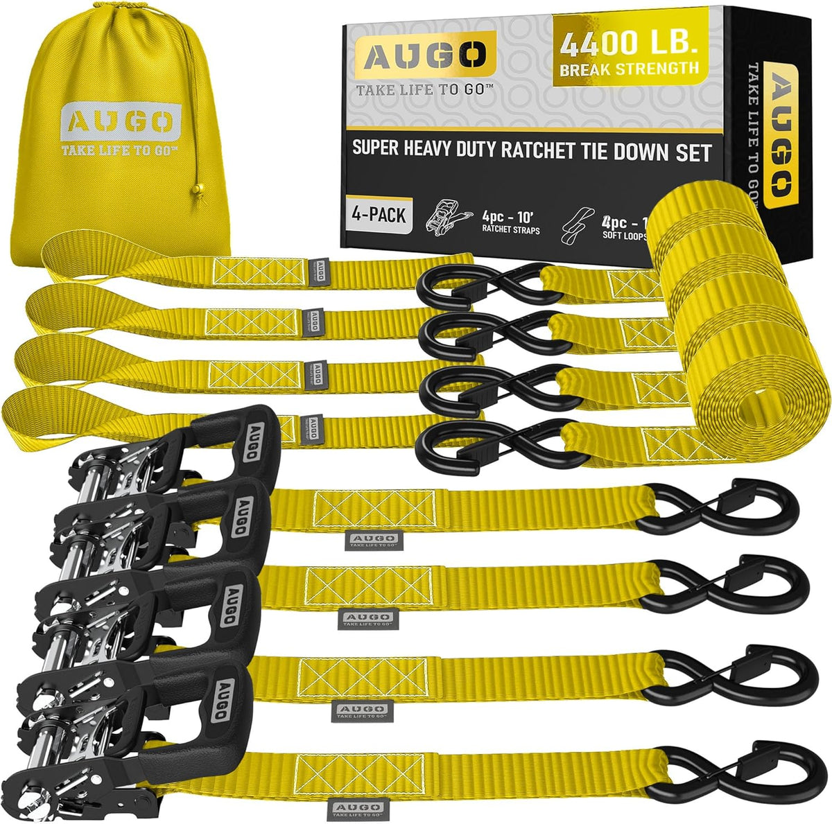 AUGO Heavy Duty Ratchet Straps & Soft Loops – Pack of 4 Extra Strong 1.5” by 10’ Ratchet Straps w/S-Hook Safety Latches & 4 Soft Loop Tie Downs – 4400Lb Break Strength for Motorcycles, ATVs, Etc.