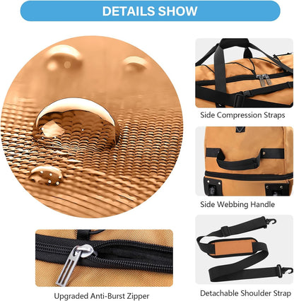 Vomgomfom Wheeled Collapsible Duffel Bag,110L-140L Expandable Checked Luggage, No-Telescopic-Handle with Anti-Burst Zipper & Reinforced Frame,Brown