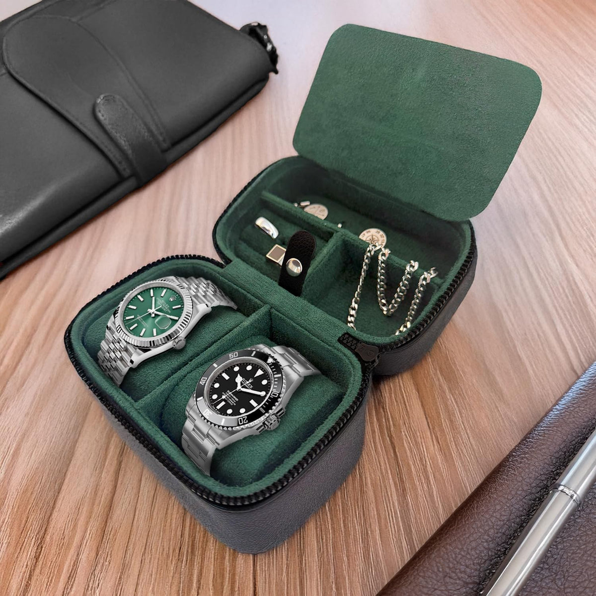 Galis Luxury Watch Case for Men High End Portable 2-Slot Watch Holder and Watch Case for Travel, Premium Watch Box for Men, Jewelry Storage Organizer, Gift for Him, Fathers, Husband (Black & Green)