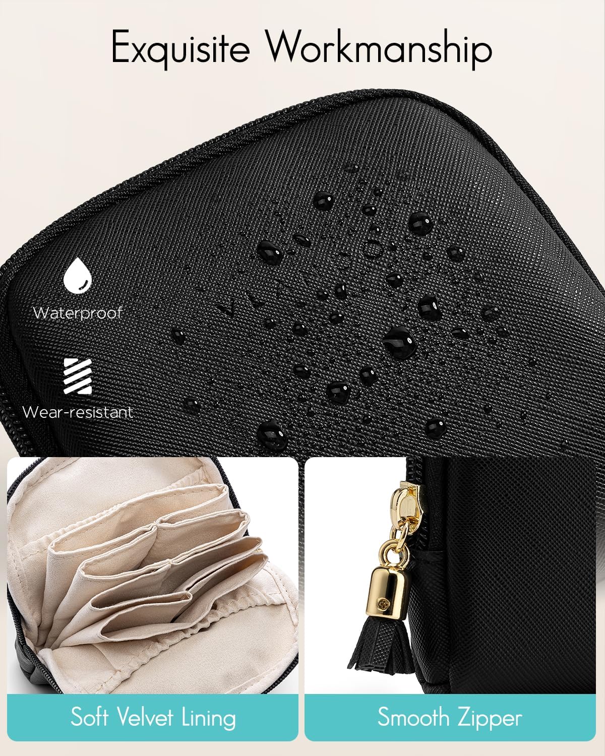 Vlando Small Jewelry Travel Case,Jewelry Pouch Bags with Zipper,Velvet Jewelry Organizer Storage Bag for Bracelet Rings Earring Travel Essentials Gifts for Women Girl-Black