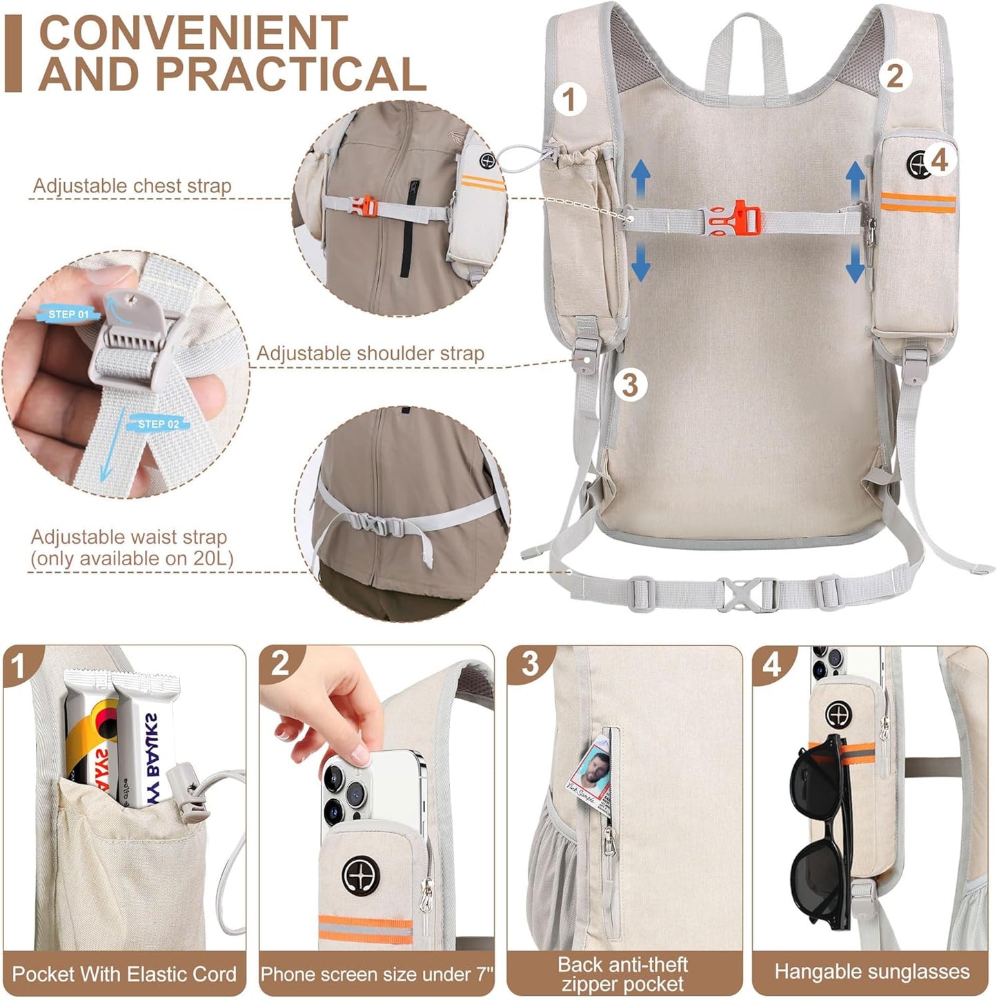 20L Small Hiking Backpack for Men Women Foldable Packable Back Pack Ultralight Hiking Daypack for Travel Camping Outdoor, Beige