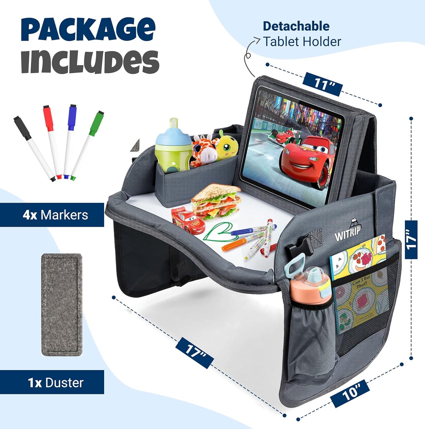 Kids Travel Tray with Dry Erase Board - Car Seat Tray for Kids Travel, Carseat Table Top for Toddler, Lap Desk for Car Seat, Activity Organizer & Snack Holder, Road Trip Essentials for Kid (Gray)