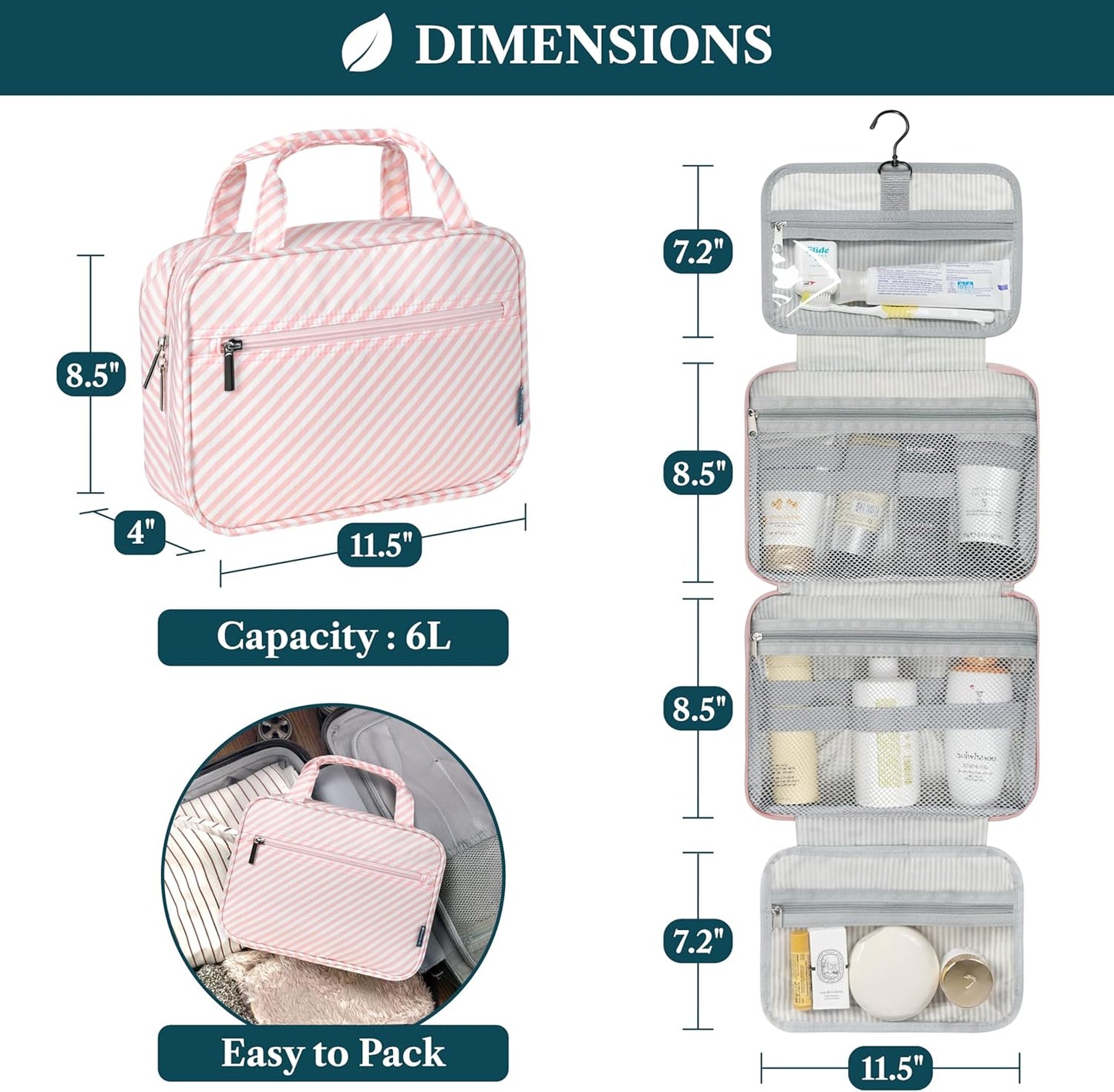 PAVILIA Hanging Toiletry Bag Travel Bag Women Men, Foldable Cosmetic Organizer, Roll up Makeup Bag, Water Resistant Accessories Toiletries, Large Travel Essentials Kit (Pink Stripe)