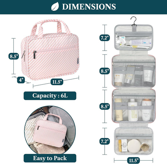 PAVILIA Hanging Toiletry Bag Travel Bag Women Men, Foldable Cosmetic Organizer, Roll up Makeup Bag, Water Resistant Accessories Toiletries, Large Travel Essentials Kit (Pink Stripe)