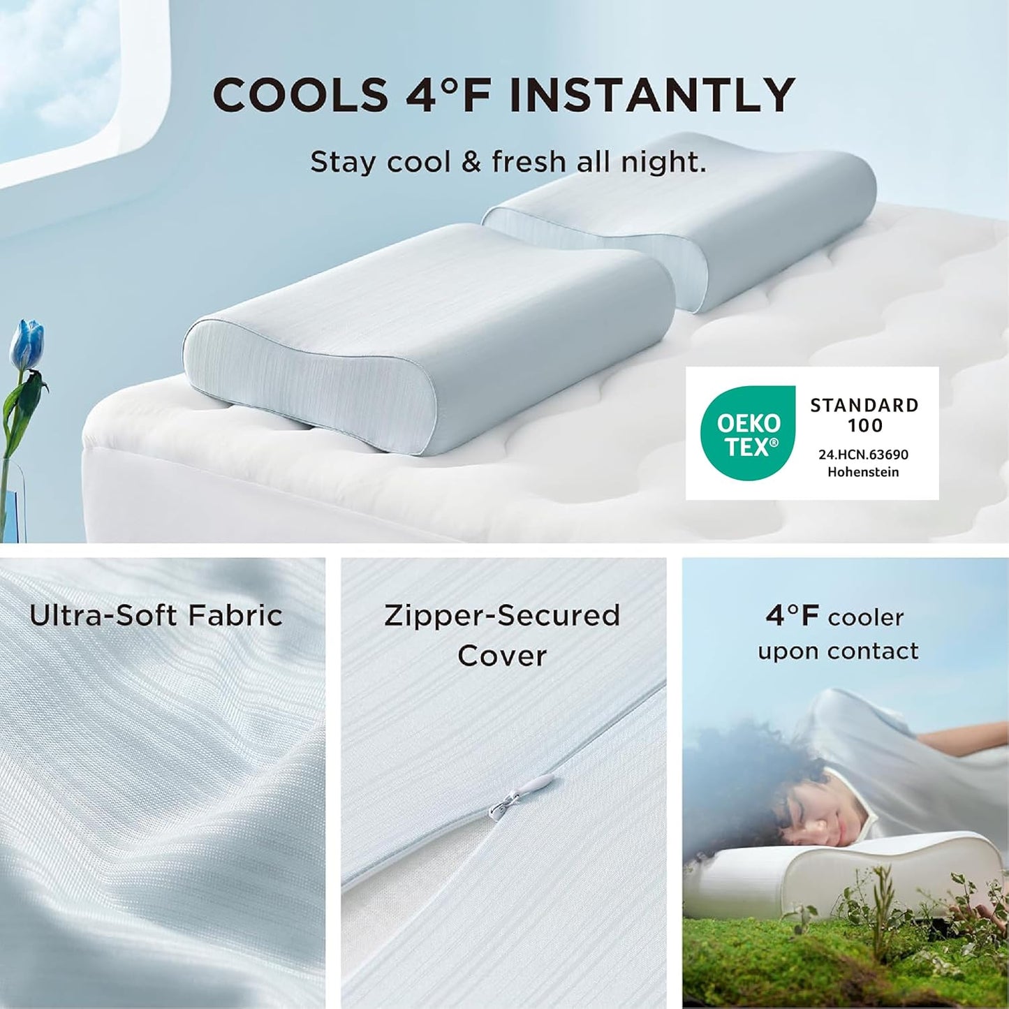 Bedsure Cervical Neck Pillow for Sleeping, Memory Foam with Cool-Touch Ice Pillowcases, Ergonomic Contour Pain Relief, Orthopedic Pillow for Neck Support for Side, Back, Stomach Sleepers ﻿