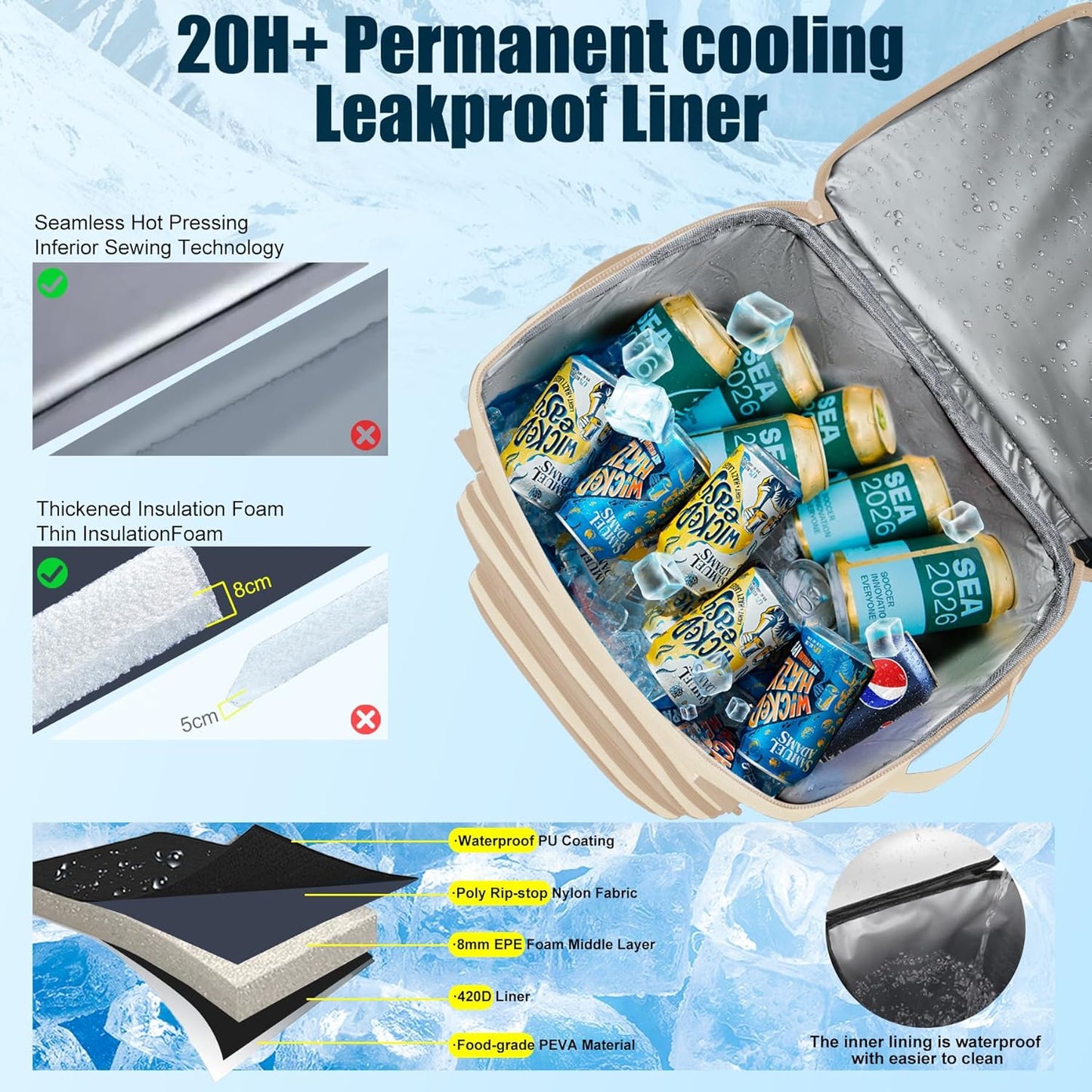Backpack Cooler Insulated Leak Proof for Men Women 50 Cans Soft Cooler Backpack Insulated Waterproof Large Capacity Coolers Bag Portable for Lunch Camping Travel Picnic Hiking
