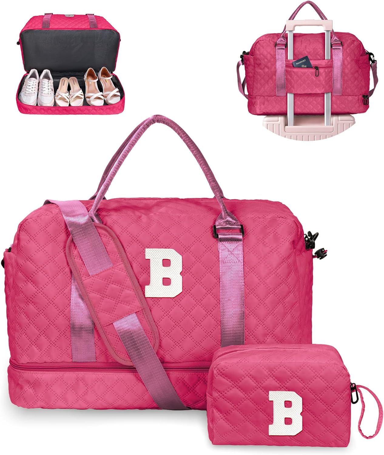 Sweet 15 Gifts for Girls-Initial Travel Bag with Shoe Compartment, Personalized Weekender Bag, Monogram Overnight Bag for Women, Letter Travel Bag with Makeup Bag (Letter B)