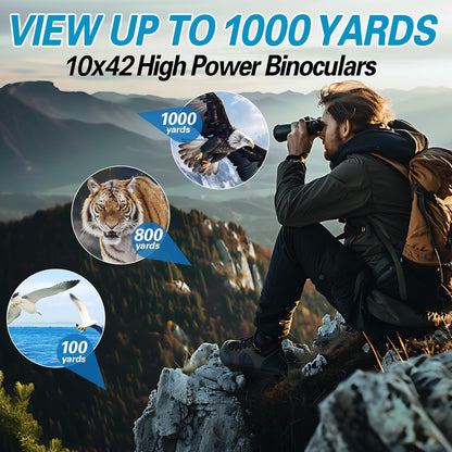 10x42 Binoculars for Adults High Powered Compact Binoculars with Low Light Night Vision for Bird Watching Hunting Travel Outdoor Sports, Easy to Focus