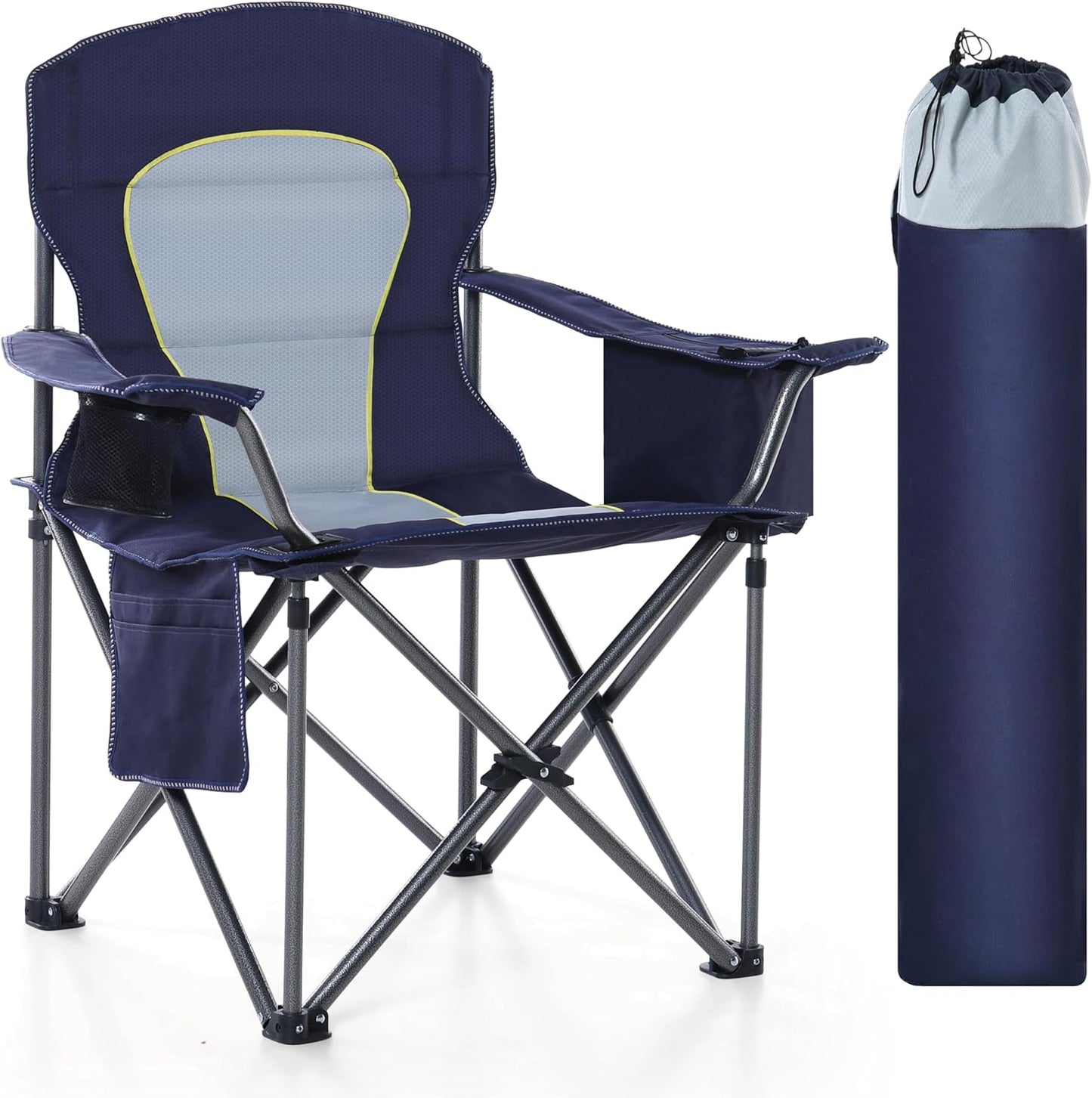 HIGH POINT SPORTS Oversized Camping Folding Chair, Heavy Duty Portable Outdoor Chair, Foldable Camp Chair with Cup Holder and Cooler Bag Support 450 LBS, Dark Blue…