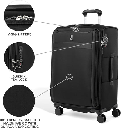 Travelpro VersaPack+ Lightweight Softside Expandable Checked Luggage, 8 Spinner Suitcase, TSA Lock, Men and Women, Checked Medium 25-Inch, Black
