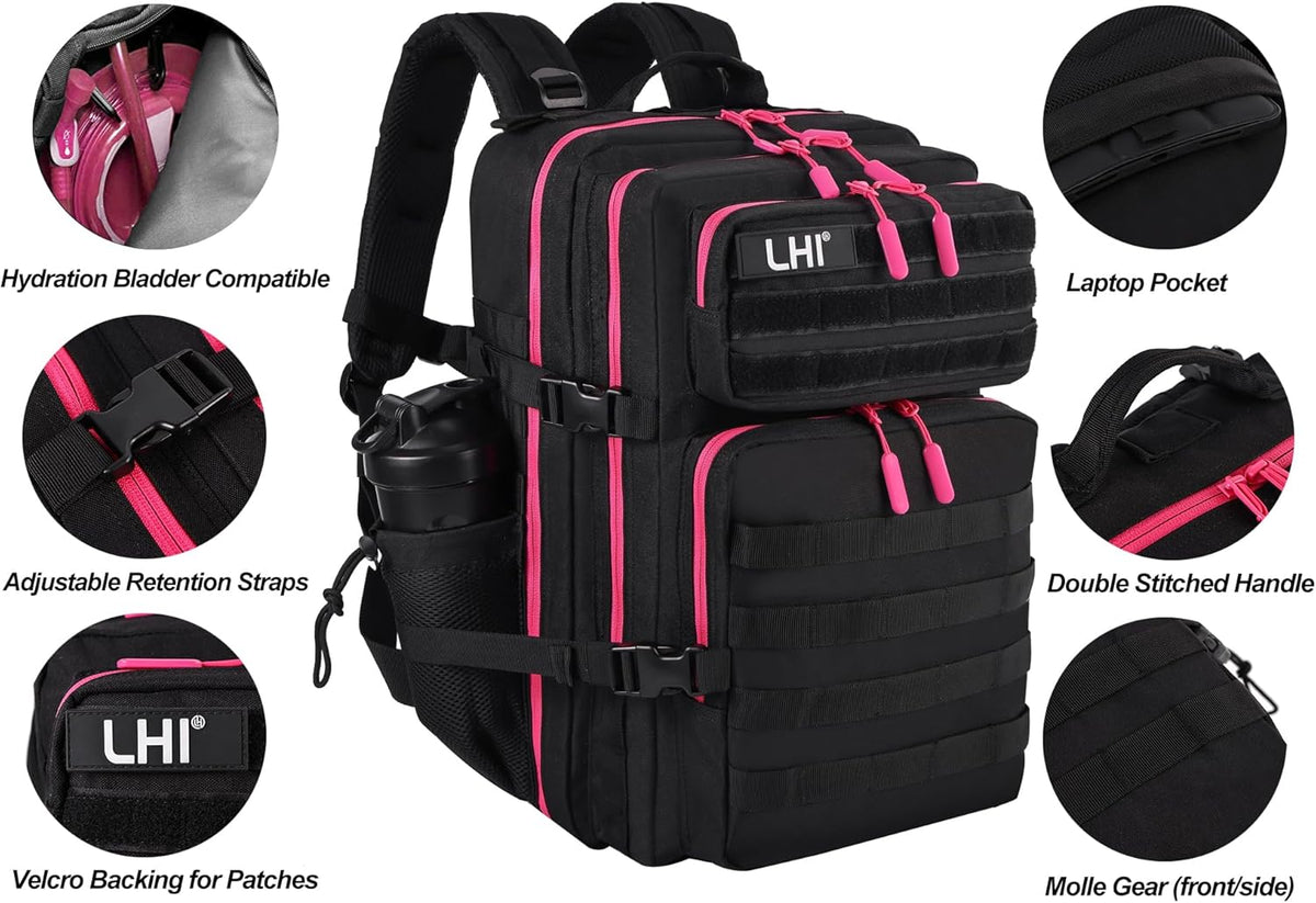 LHI Military Tactical Backpack for Men and Women 45L Army 3 Days Assault Pack Bag Large Rucksack with Molle System - Black with red zipper