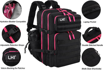 LHI Military Tactical Backpack for Men and Women 45L Army 3 Days Assault Pack Bag Large Rucksack with Molle System - Black with red zipper