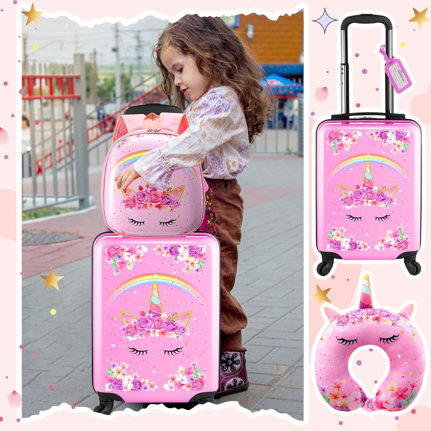Sanwuta 4 Pcs Kids Luggage Set Kids Backpack Travel Rolling Suitcase with Wheels U-shape Pillow Childrens Gift for Girls Boys(17 Inch,Unicorn Rainbow Style,Pink)