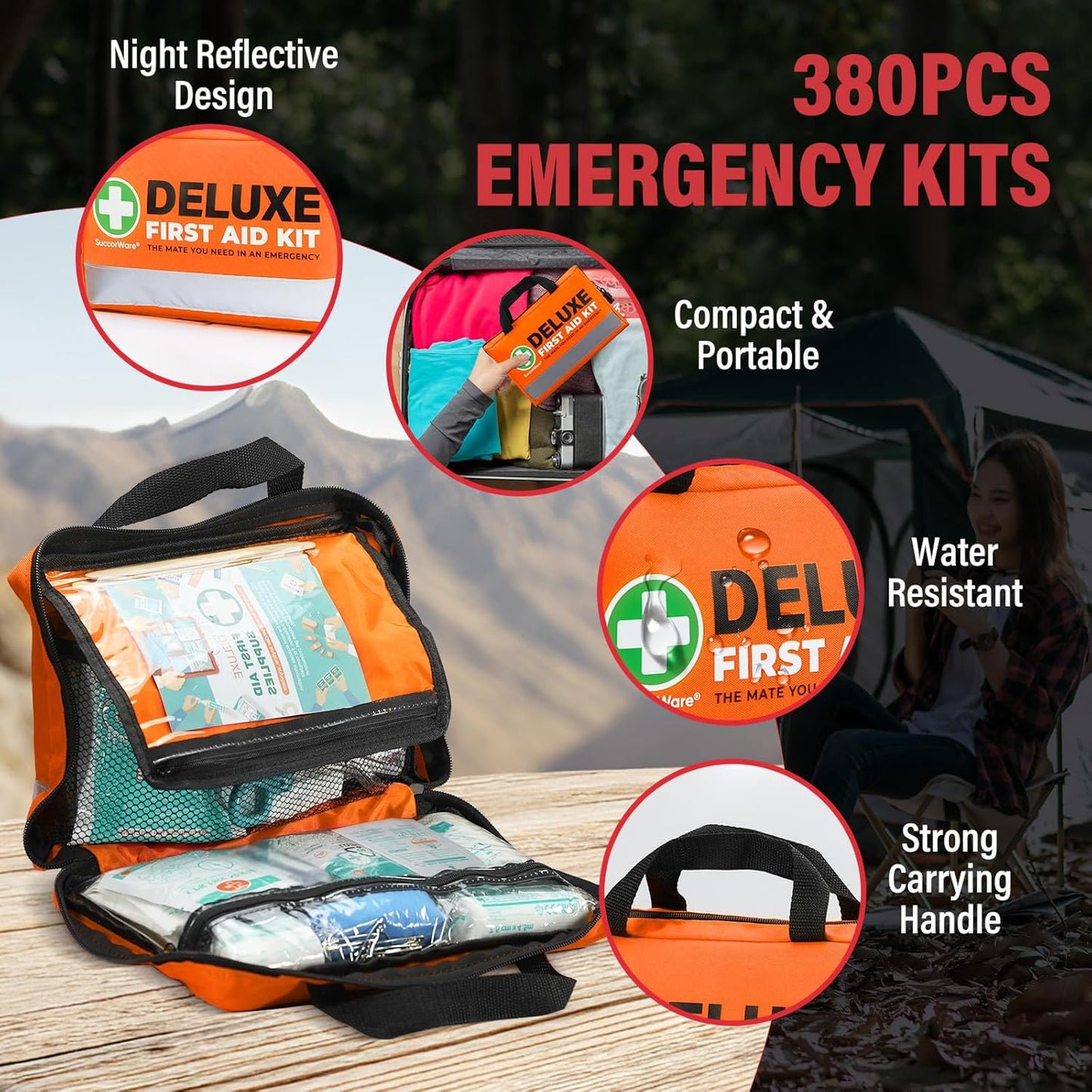 380 Pieces Deluxe First Aid Kit Compact Trauma Medical Kits with Assorted Bandages, Instant Cold Pack, Emergency Blanket for Home, Travel, Camping, Vehicle, Emergency Kits(Orange)