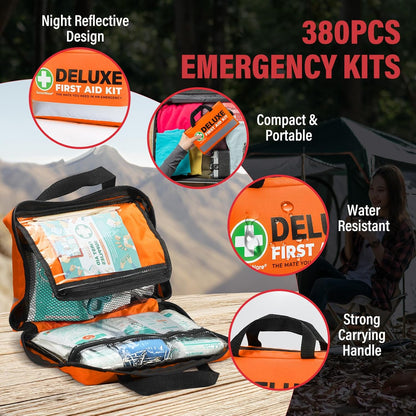 380 Pieces Deluxe First Aid Kit Compact Trauma Medical Kits with Assorted Bandages, Instant Cold Pack, Emergency Blanket for Home, Travel, Camping, Vehicle, Emergency Kits(Orange)