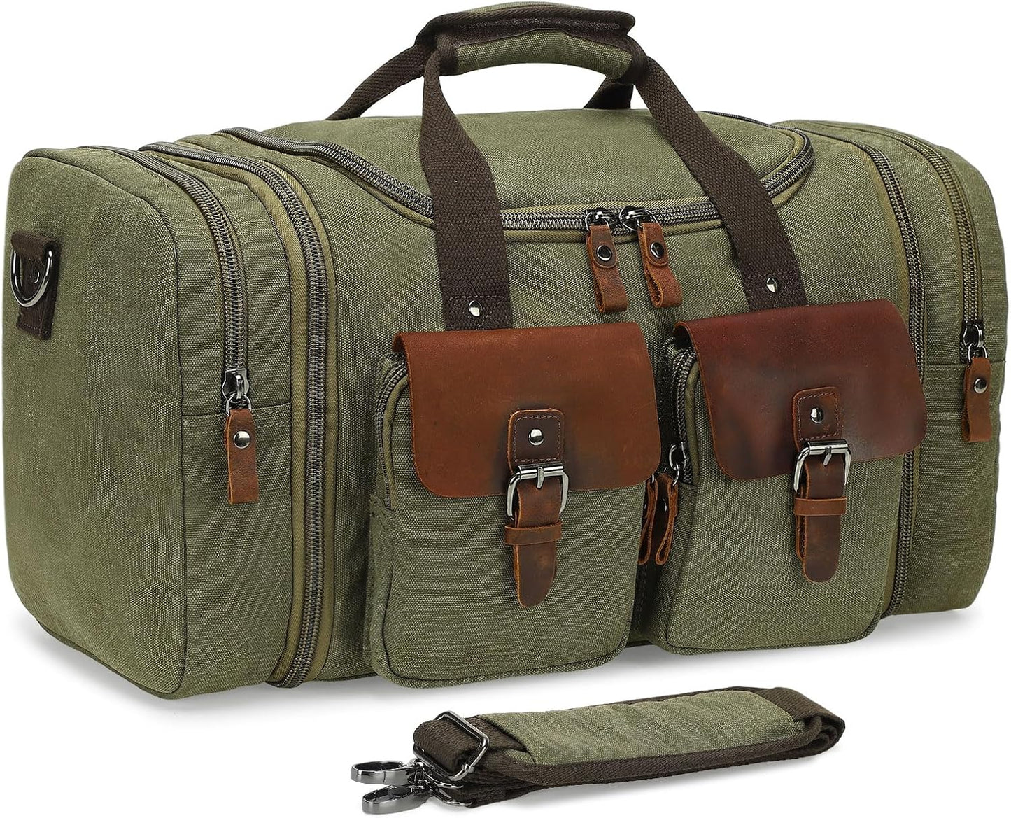 Canvas Duffle Bag with Genuine Leather Accents, Expandable 20-23 Inch Travel Weekender, Multiple Pockets, Green