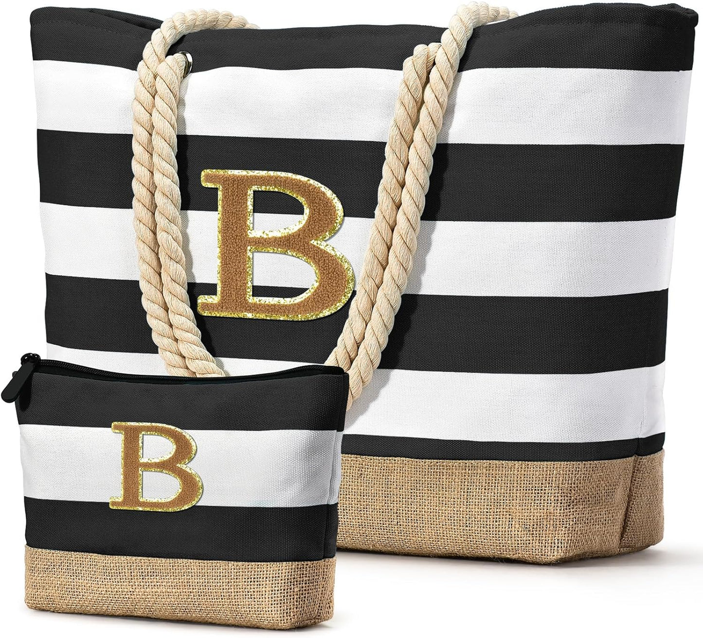 Becokan Beach Bag Initial Beach Tote with Makeup Bag for Travel Work Storage Personalized Birthday Gifts for Women Her