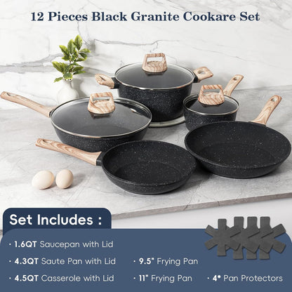 12 Pcs Pots and Pans Set, Nonstick Cookware Sets Black Granite Induction Cookware, Non-toxic Healthy Non Stick Kitchen Cooking Set with Frying Pans Set, Saucepans,Steamer (PFAS, PFOA, PFOS Free)