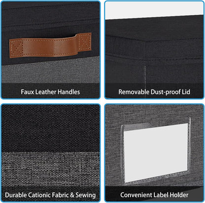 GhvyenntteS Fabric Storage Bins with Lids 3 Pack, Closet Storage Boxes with Lid and 3 Handles, Foldable Storage Baskets with Lids and Label Window for Home Office (Grey&Black, 15" x 11" x 9.7")