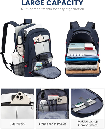 LOVEVOOK 17 inch Blue&White Travel Laptop Backpack with USB Charging Port, Anti-Theft, Water-Resistant, Modern Practical Unisex College/University Backpack