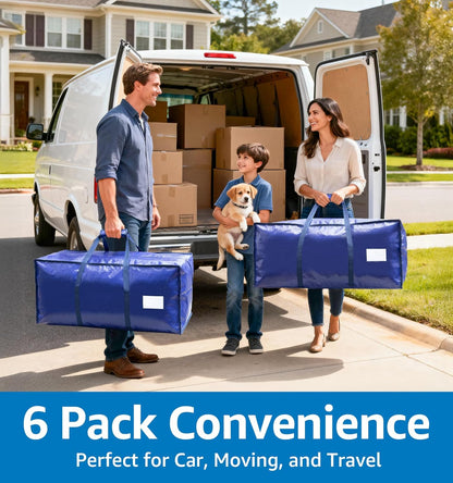 6 Pack Heavy Duty Moving Bags with Padded Wrap Around Handles-Strengthened Zipper Extra Large Storage Totes for Dorm College Clothes