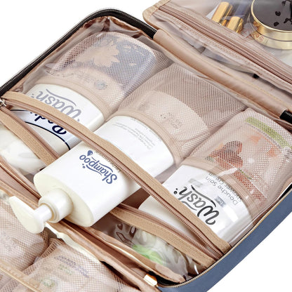 NISHEL Travel Toiletry Bag for women, Portable Hanging Organizer for Full-Sized Shampoo, Conditioner, Brushes Set, Makeup Accessories, Large Size, Aegean-Blue