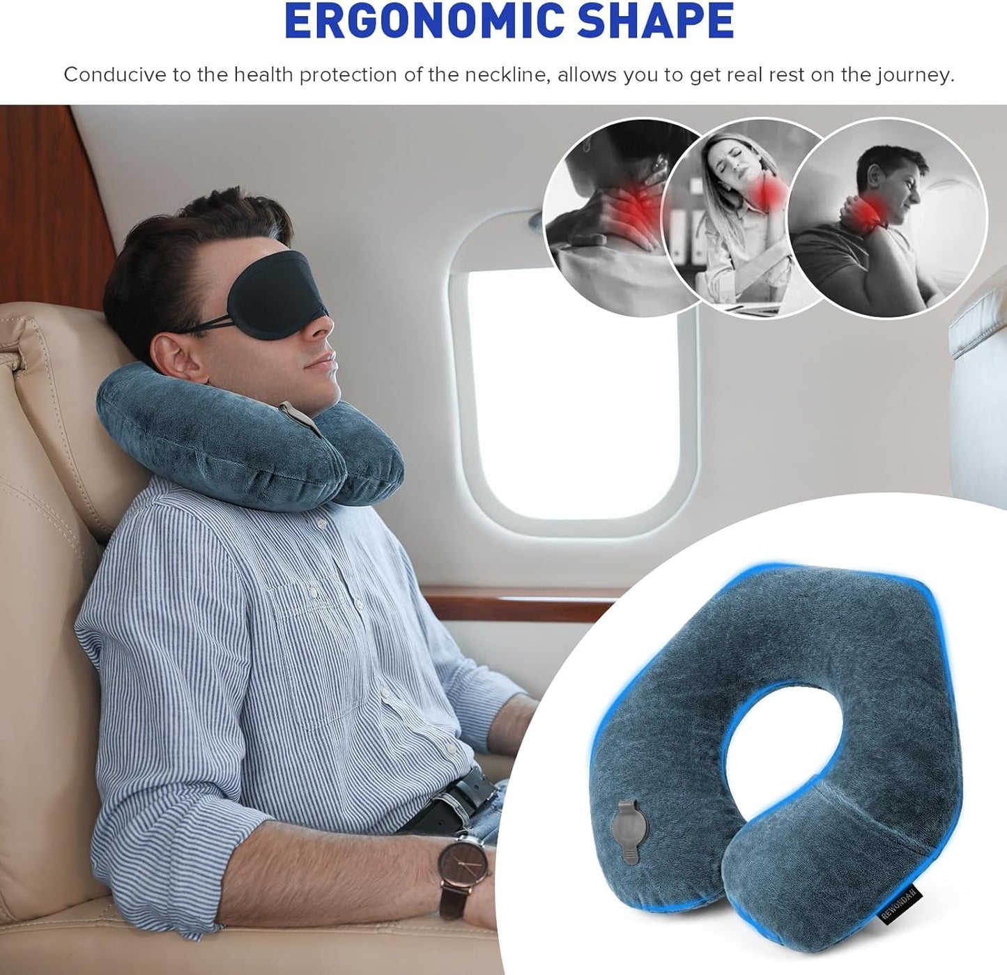 Rewondah Neck Pillows for Travel, Inflatable Travel Pillow, Inflatable Neck Pillow for Traveling Airplane with Soft Velour Washable Cover, U Shape Blow Up Neck Pillow for Airplanes Train Car Travel