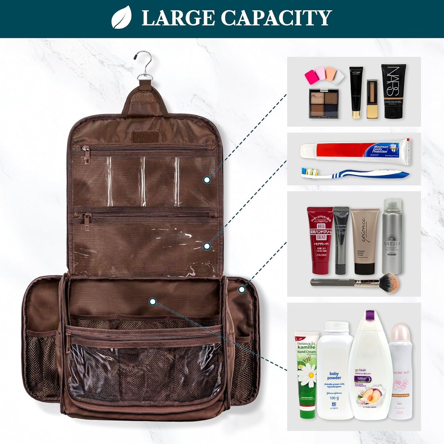 PAVILIA Large Hanging Toiletry Bag Travel Bag Women Men, PU Leather Cosmetic Organizer, Water Resistant Makeup Bag Accessories Toiletries, Travel Essentials Kit, Brown