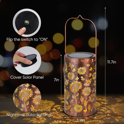 Homemory Sunflower Solar Lanterns Lights Outdoor Waterproof, Hollowed-Out Metal Decor Lantern, Gifts for Women, LED Solar Lights Metal Decoration Outside for Yard, Patio, Backyard, Porch, Lawn