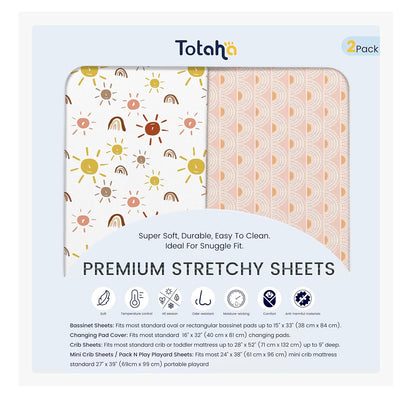 TotAha Mini Crib Sheets Boho Rainbow, Hypoallergenic Pack N Play Mattress Sheets, Buttery Soft Pack and Play Fitted Sheets 24x38x5, 2 Pack